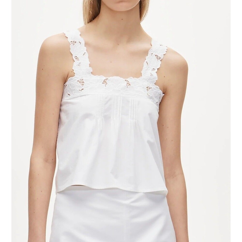 J.Crew Women's Large Lace Trim Tank Top Compact Poplin Pintuck 100% Cotton CV047